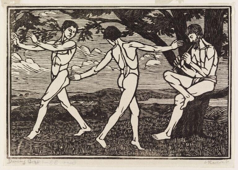 Three nude male figures dance in a wooded landscape, rendered in bold black line and hatching. Two stand with arms extended; one sits with arm outstretched.