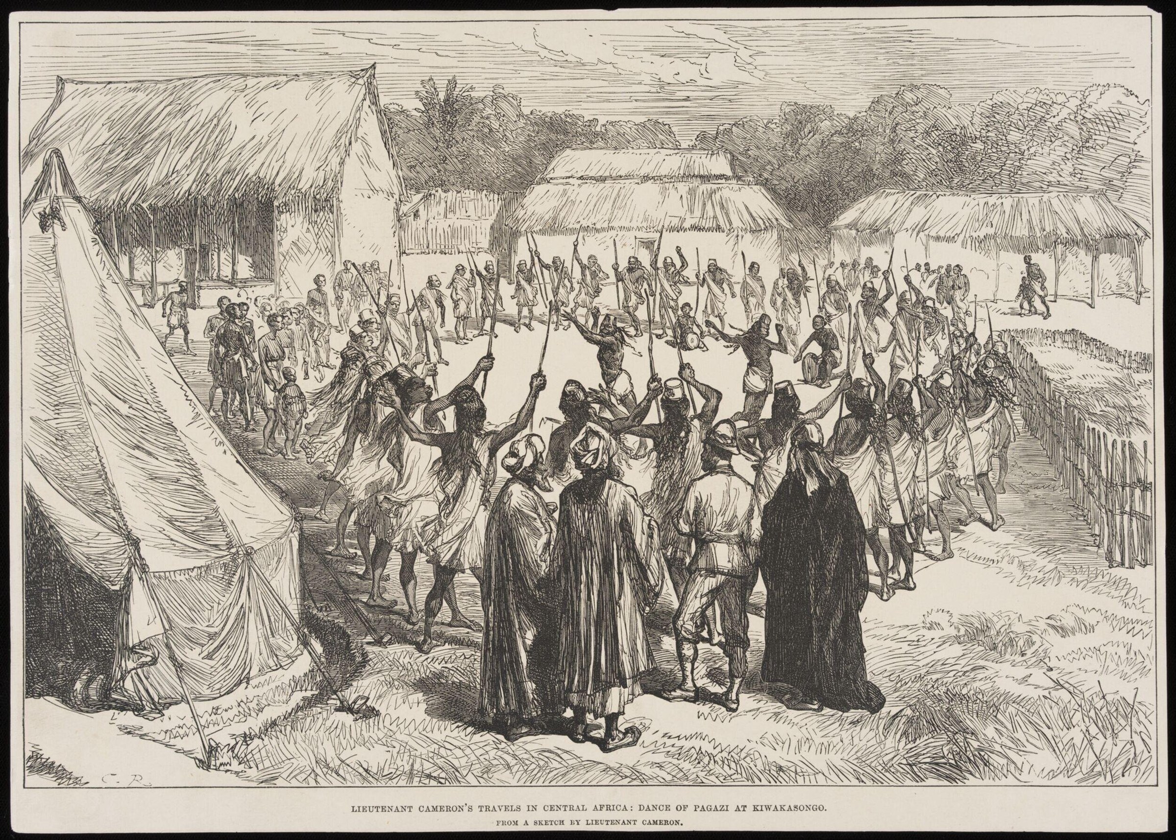 Wood engraving showing Pagazi dancers raising spears in unison in a Central African settlement, observed by European explorer's tent