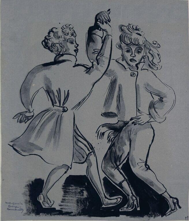 Three young people in 1950s dress dancing together in an expressive pen and ink sketch.