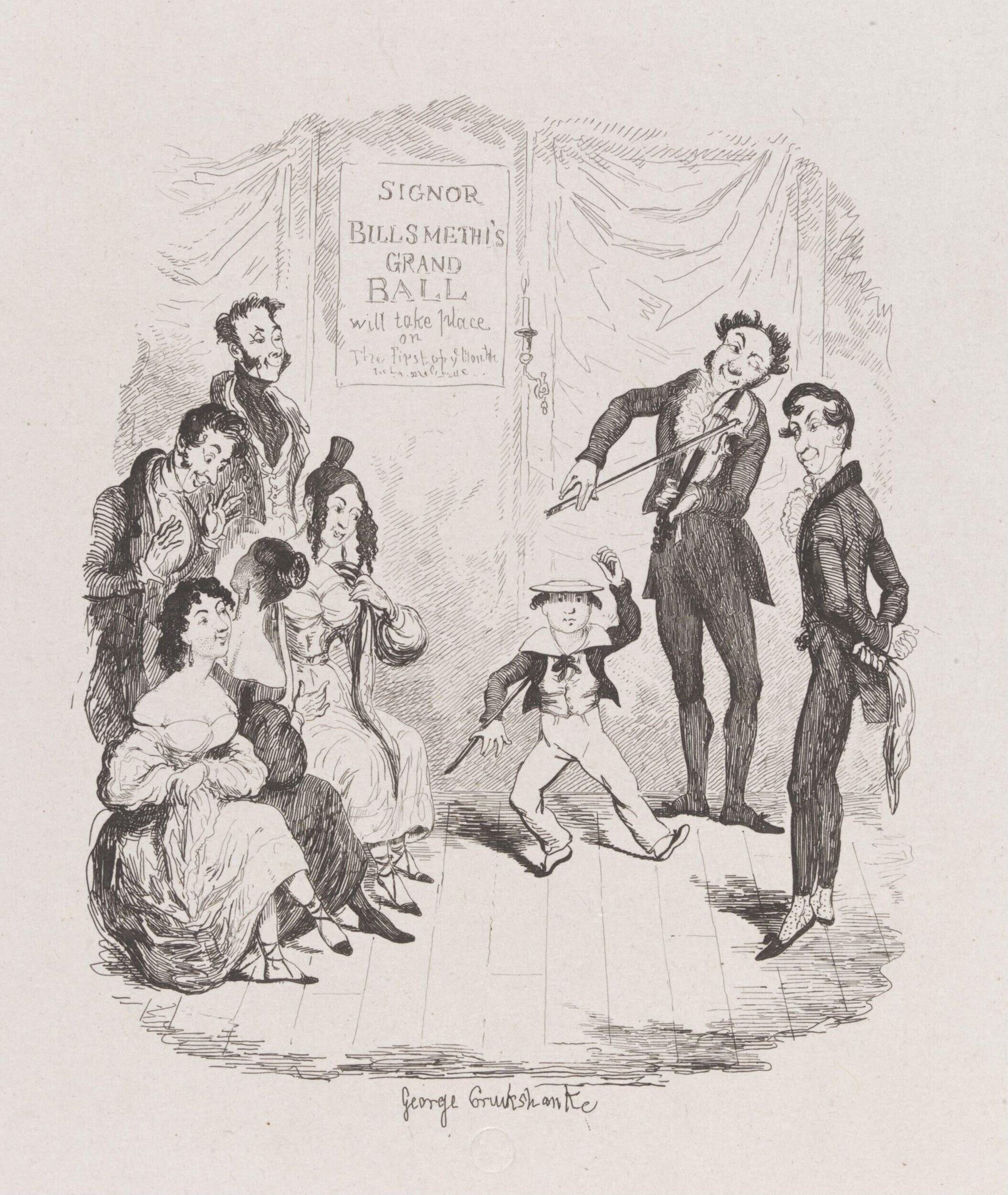 A child in formal dress leaps joyfully while adults in Regency clothing observe the announcement of a ball at a dancing academy.