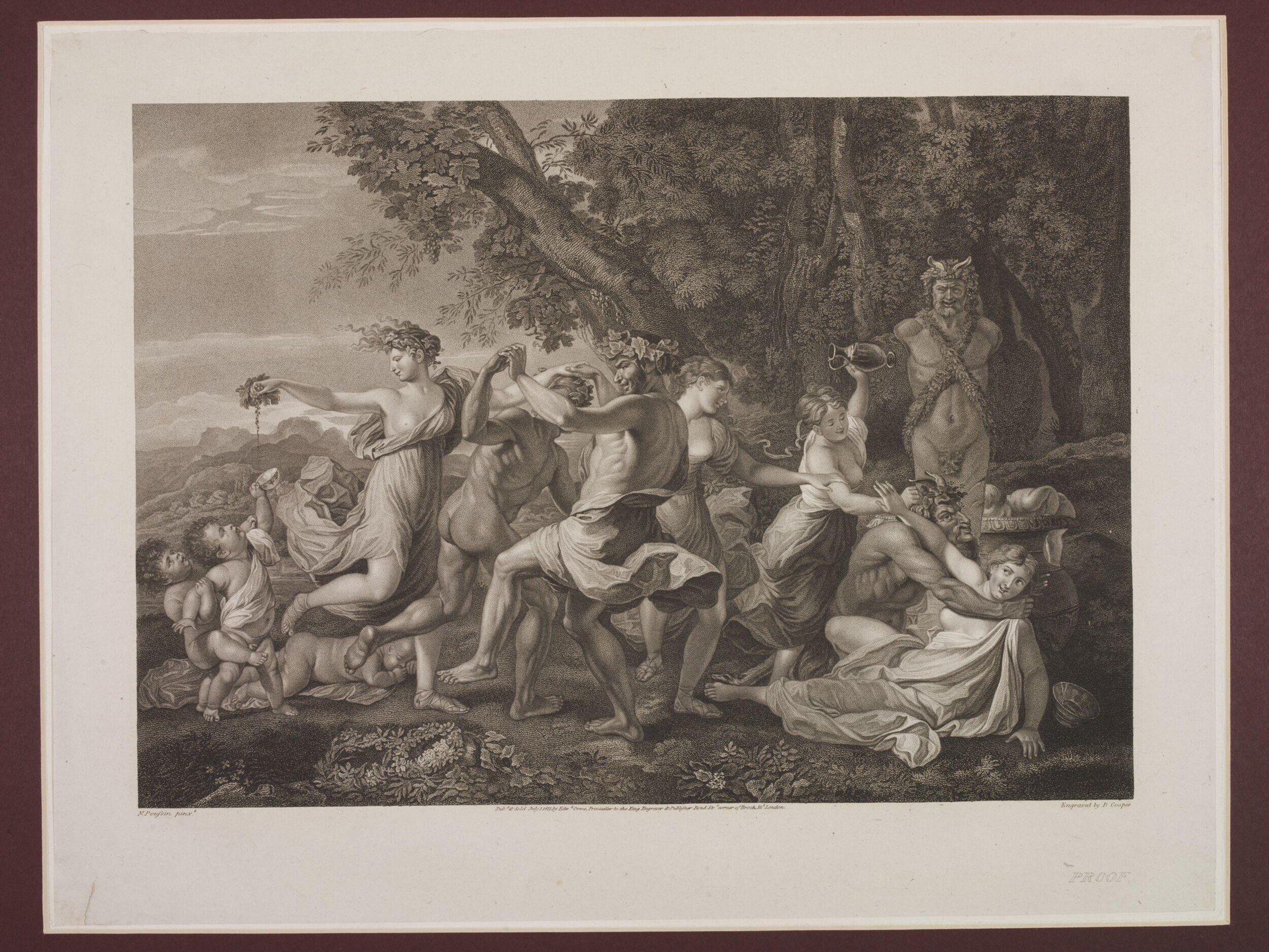 Engraving of nude and draped figures dancing in a woodland setting, some with raised arms, scattered vessels and floral garlands among them.