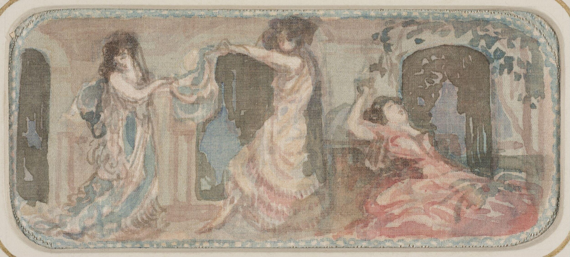 Two pale-skinned women in translucent drapery dance in a neoclassical interior; one raises her arm in a graceful, extended pose while the other leans toward