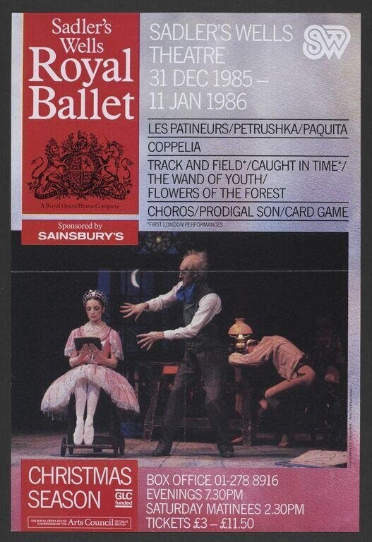 Stage photograph of classical ballet dancers: woman in pink tutu on pointe, man in dark vest reaching toward her expressively, third figure in reddish costume