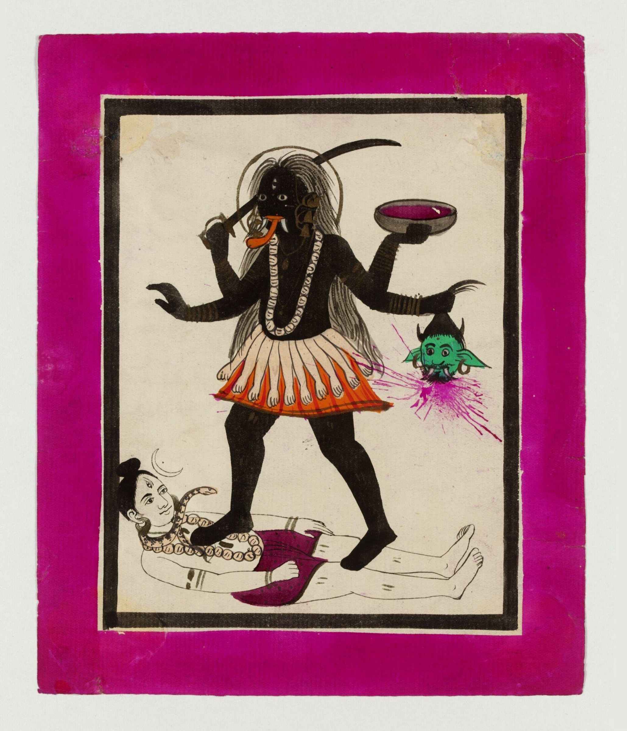 Black-skinned goddess with four arms in dynamic pose, wearing crescent headdress and beaded necklace, with orange feathered skirt, standing over prone pale