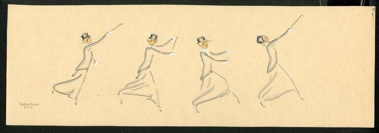 Four sequential pencil sketches of a female ballet dancer in a hunting-themed costume, showing the progression of a turning and traveling movement phrase.