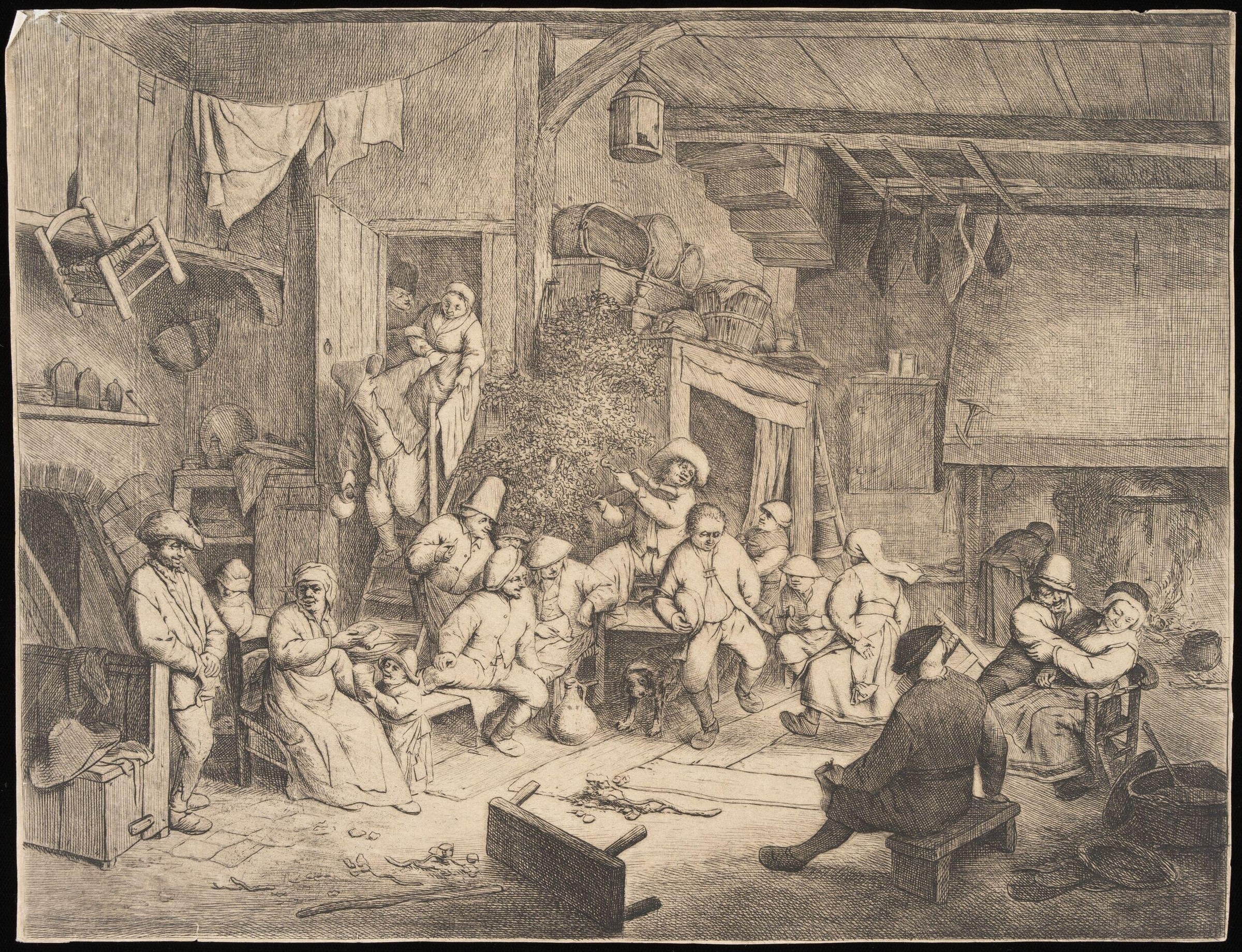 Crowded interior scene of peasants dancing and celebrating in a dimly lit tavern or inn, rendered as a detailed engraving.