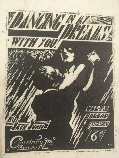 Two figures in a close ballroom dance hold, their bodies intertwined, rendered in bold black lines and white space against a hatched background.