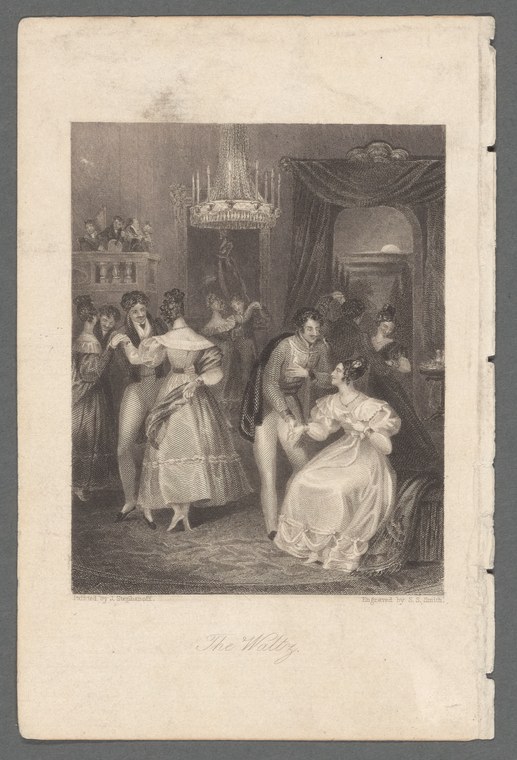 A lithographed ballroom scene with women in Empire waistlines watching and dancing with men in a chandeliered interior, c. 1800–1820.