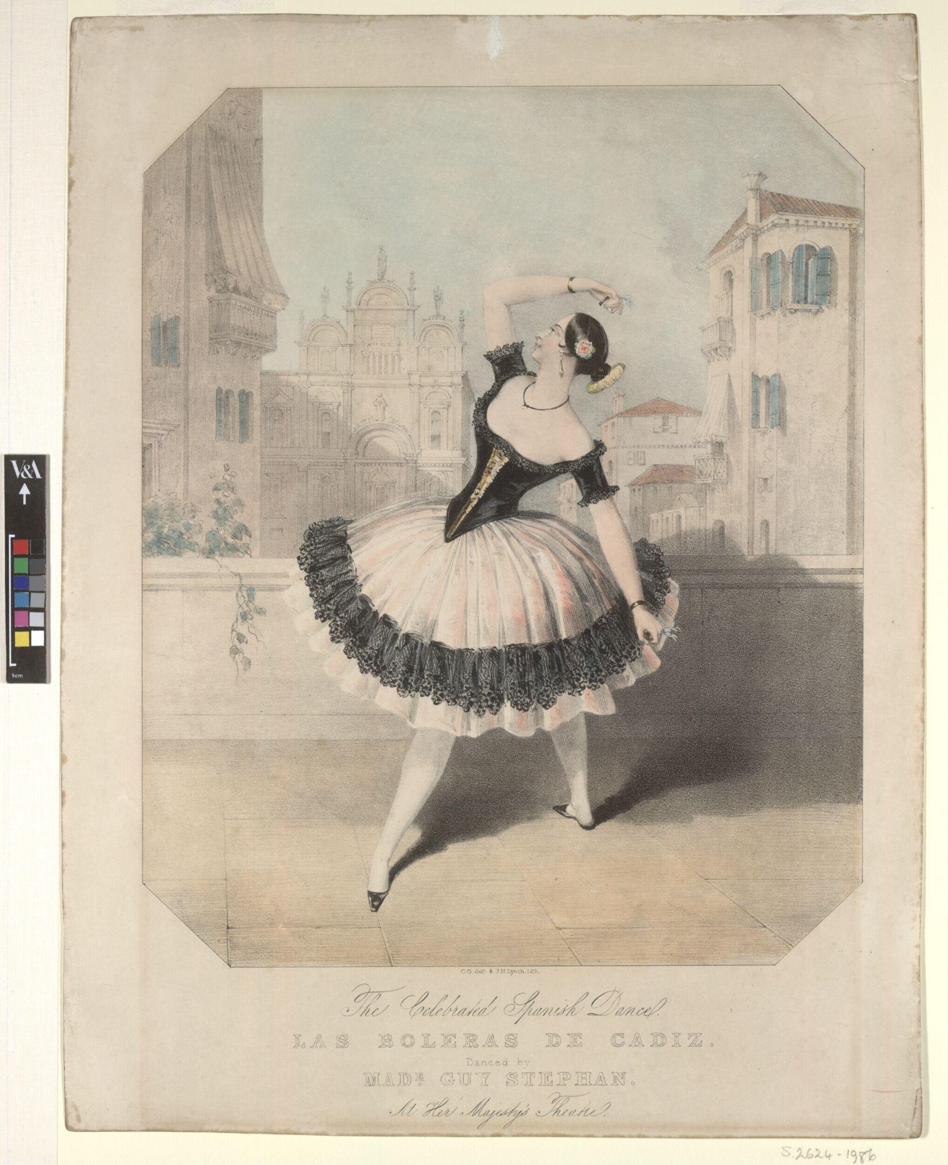 A woman in a black velvet bodice and white tulle skirt strikes an expressive pose on an Italian plaza, arms raised, before a Renaissance cathedral.