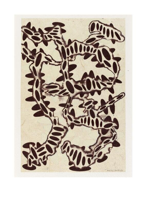 Abstract ink drawing of interlocking organic forms in brown lines on cream, suggesting multiple overlapping figures in motion.