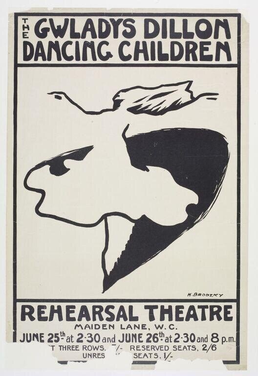 Black silhouette of a child arching backward with extended arm, against cream background, with bold sans-serif text announcing a 1914 dance rehearsal.