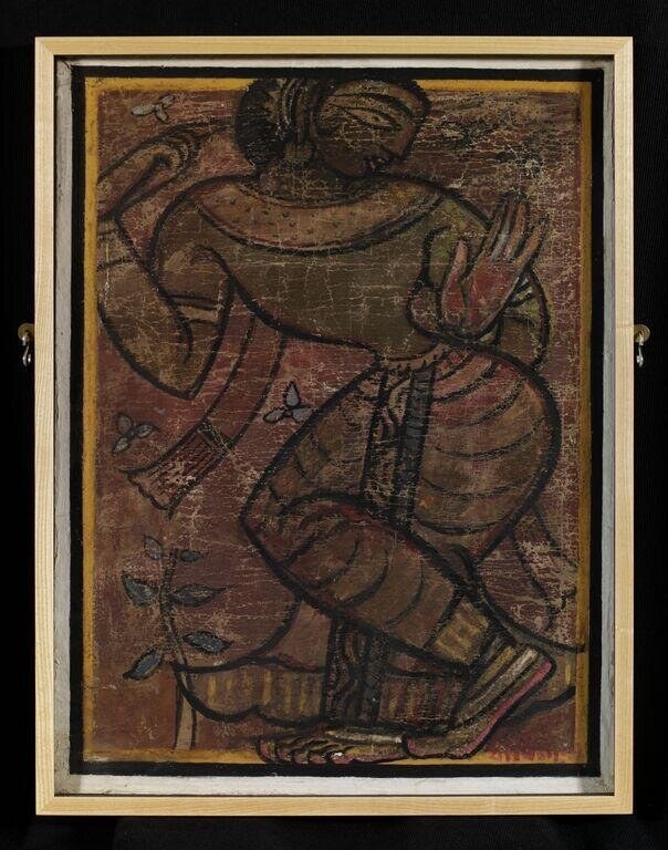 A dark-outlined female figure in Indian classical dance pose, wearing a sari and headdress, with weight shifted in a deep lunge and arms raised asymmetrically