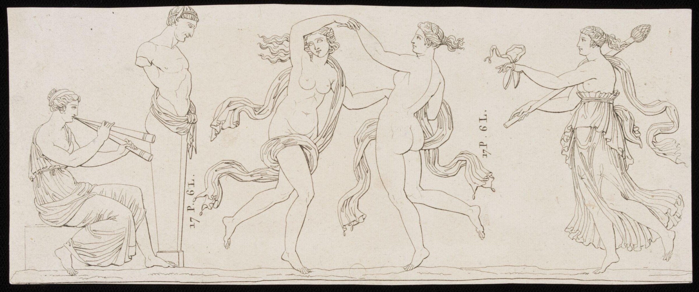 Six classically draped female figures dance and move across an engraved frieze, accompanied by a seated musician playing a double-pipes instrument.