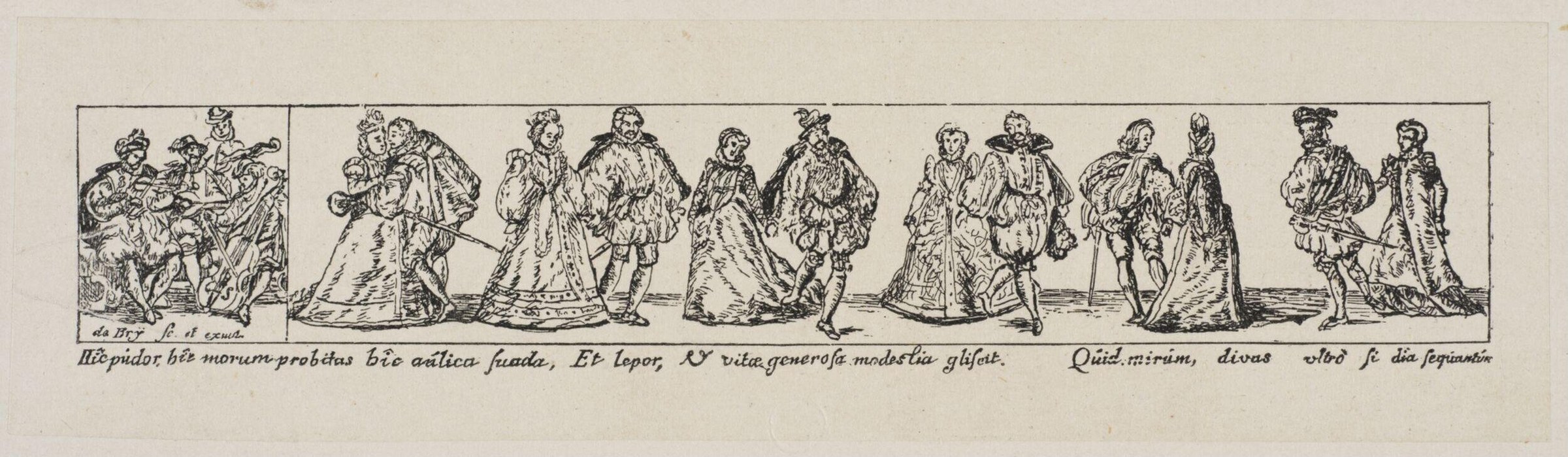 Engraved procession of twelve Renaissance nobles in elaborate court dress, walking in formal order from left to right across the page.