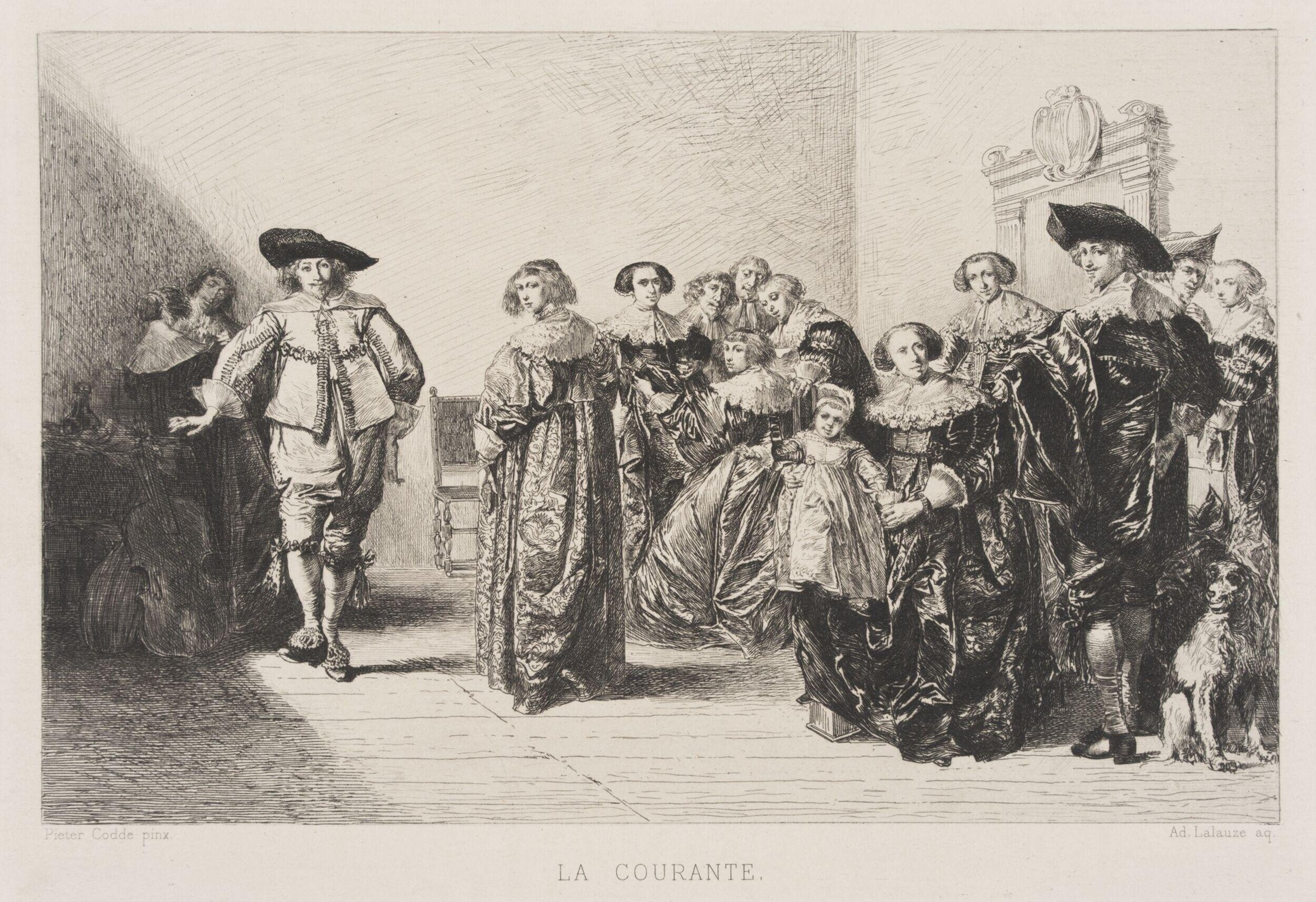 An engraving of a woman in a white silk gown surrounded by courtiers in a formal interior, titled 'La Courante'