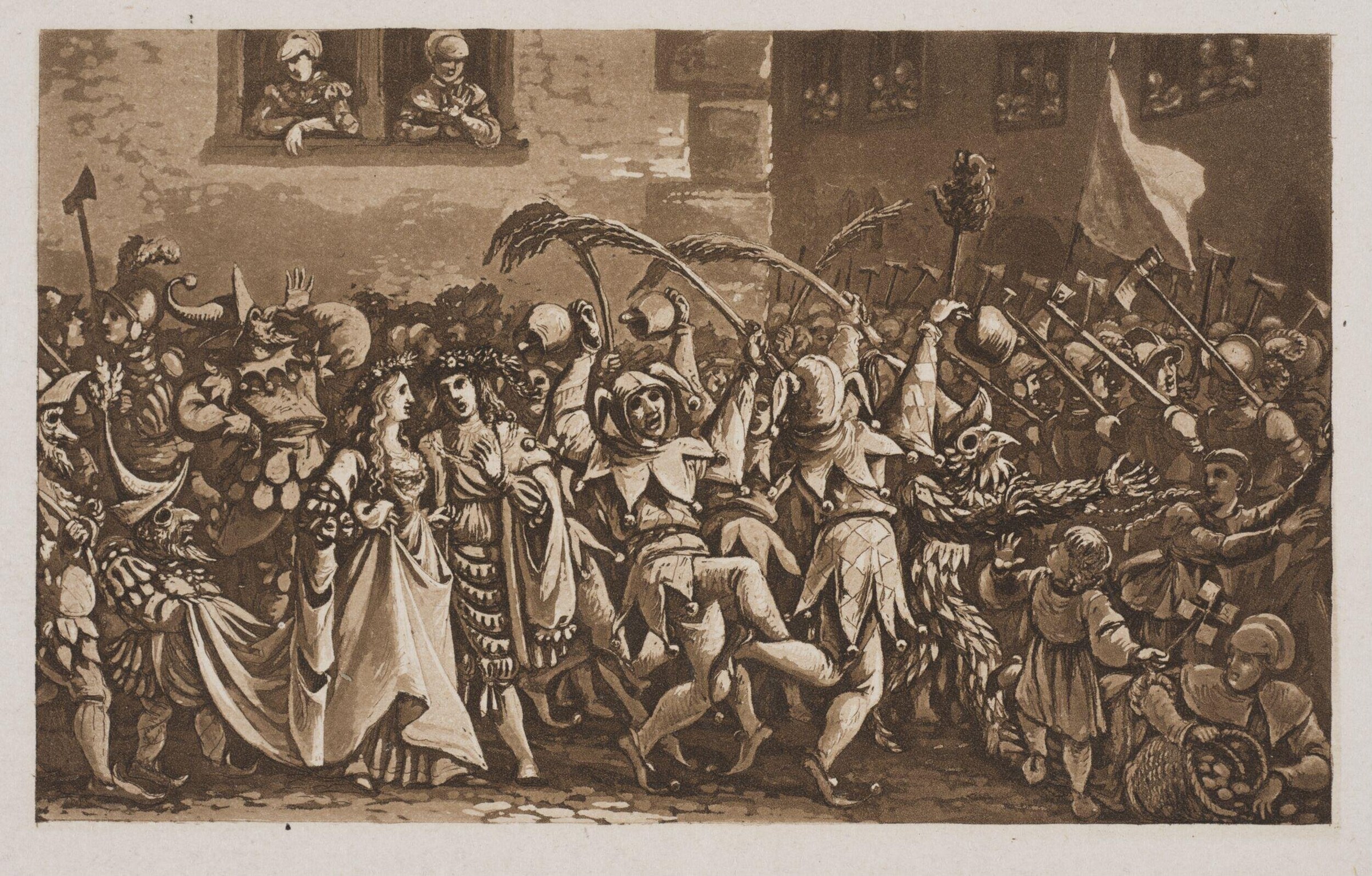 Engraving of a carnival procession in a Renaissance town, crowded with masked and costumed figures, with architecture and spectators in windows above.