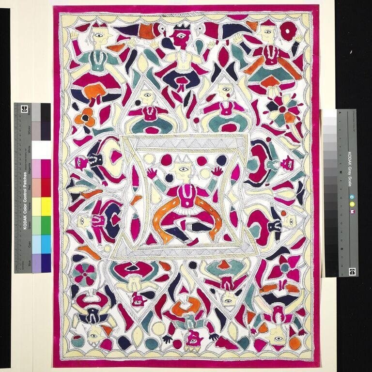 Repeated figure of a dancer in magenta, navy, and teal, in geometric poses, arranged in a grid with intricate patterned shapes filling the spaces between.