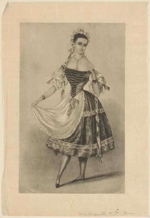 A delicate engraving of a female ballet dancer in mid-19th-century costume: dark corseted bodice, full skirt, and pale draped shawl, standing in formal repose.