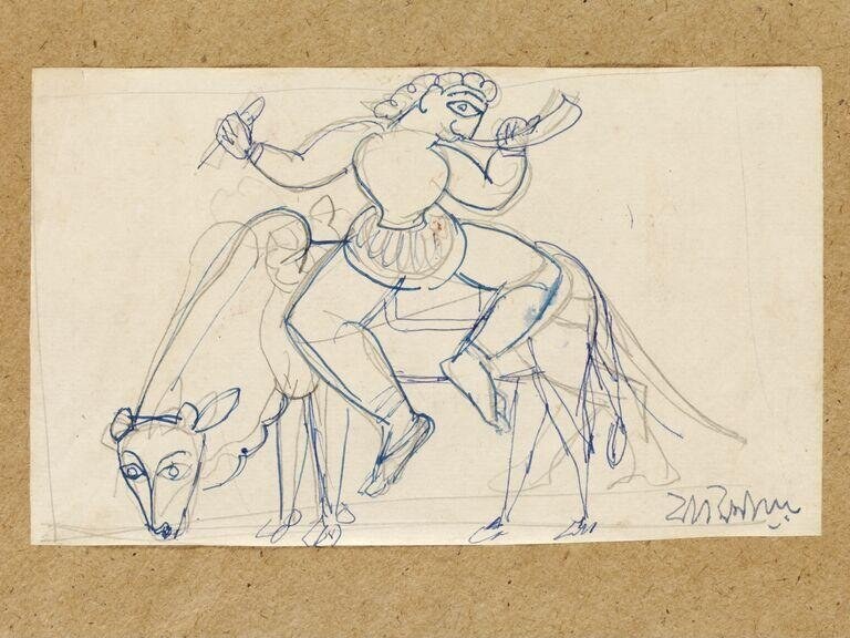 Pen sketch: ornately costumed figure with elaborate headdress mounted on a strained deer, arms raised in exultation, with a second anxious figure to the left.