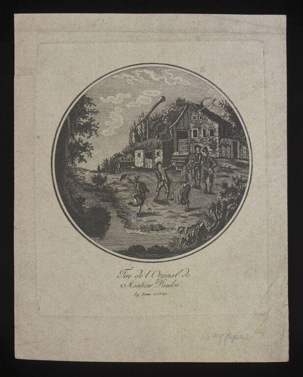 Line engraving of aristocratic figures gathered in a garden near a country house, mid-18th century.