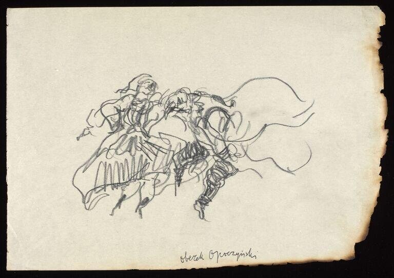 Two classical ballet dancers in mid-leap, rendered in rapid pen sketch with billowing period costume, captured mid-performance.