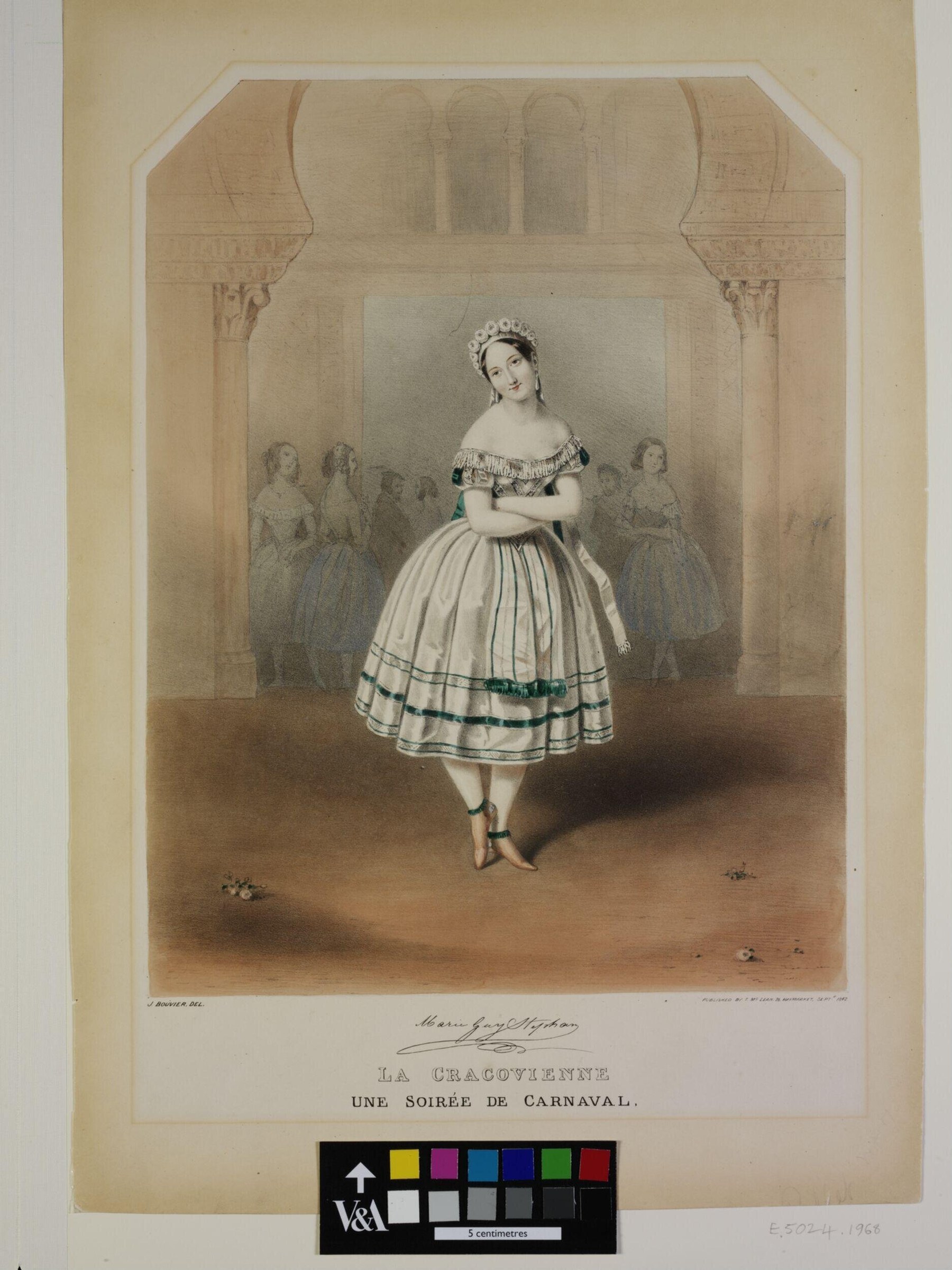 Woman in white ballroom gown with tiara stands composedly in grand neoclassical hall, attendant figures in shadow behind her.