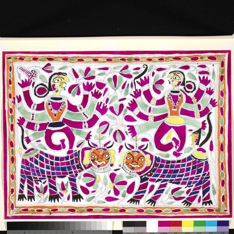 Two stylized female figures and two patterned animal heads among scattered leaves and ornaments in magenta, purple, and green.