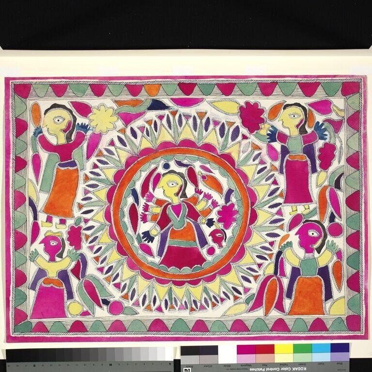 Brightly colored painting of a woman with raised arms in a red-framed circle surrounded by radiating leaf patterns, with four standing women around the border.