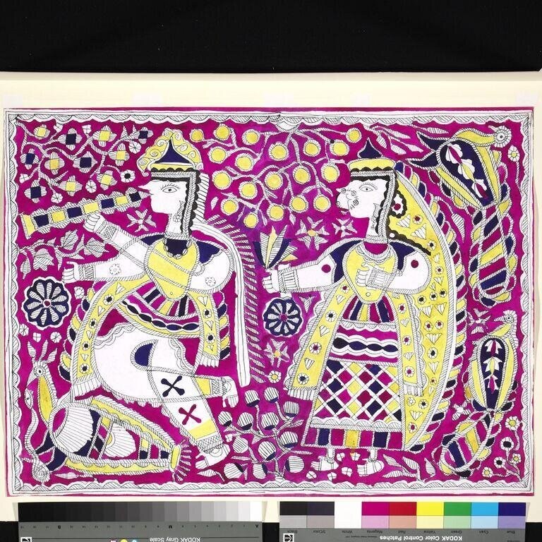 Two jeweled figures in formal dress stand symmetrically against a richly patterned magenta background in an Indian devotional style.