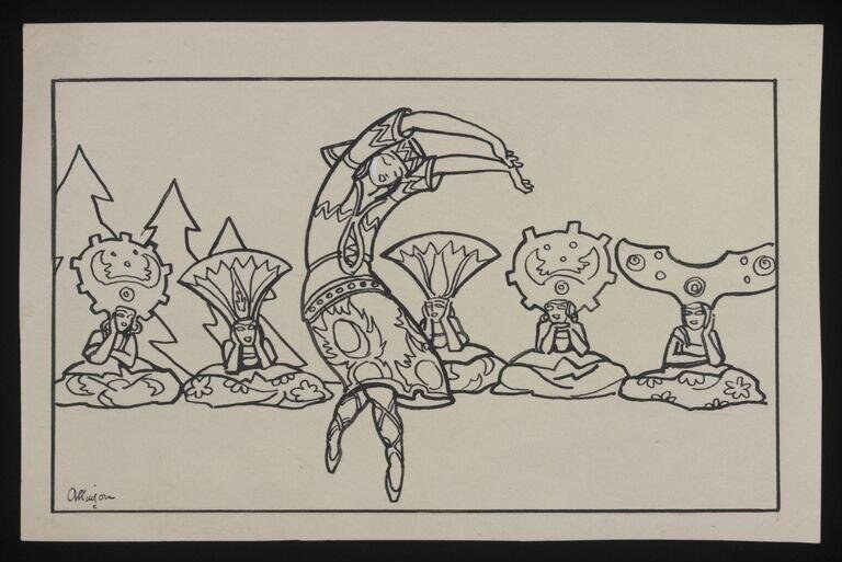 Pen-and-ink drawing of five stylized figures in elaborate fantasy costume and headdress, arranged in a static frontal line.