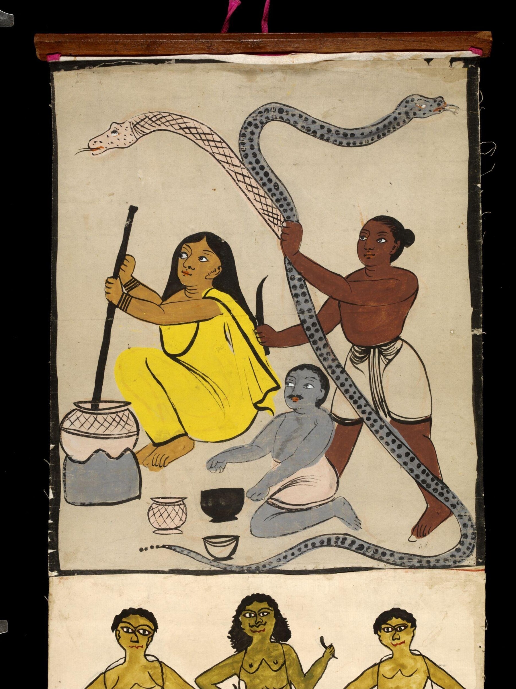Watercolor scroll showing a woman, child, and man with two large serpents in a domestic interior, circa 1900.
