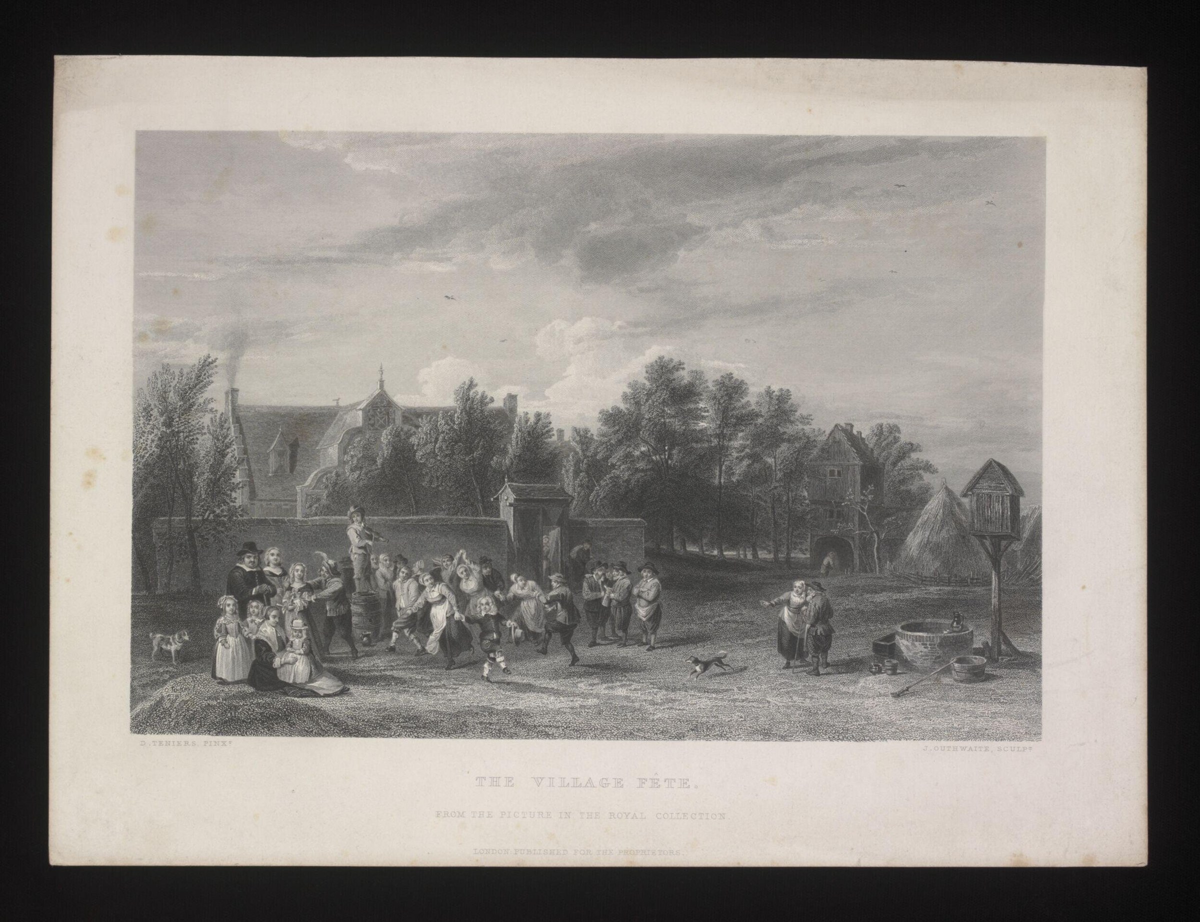 Engraving of a village fête showing a mixed gathering in formal dress beside a walled village with church, 18th century.
