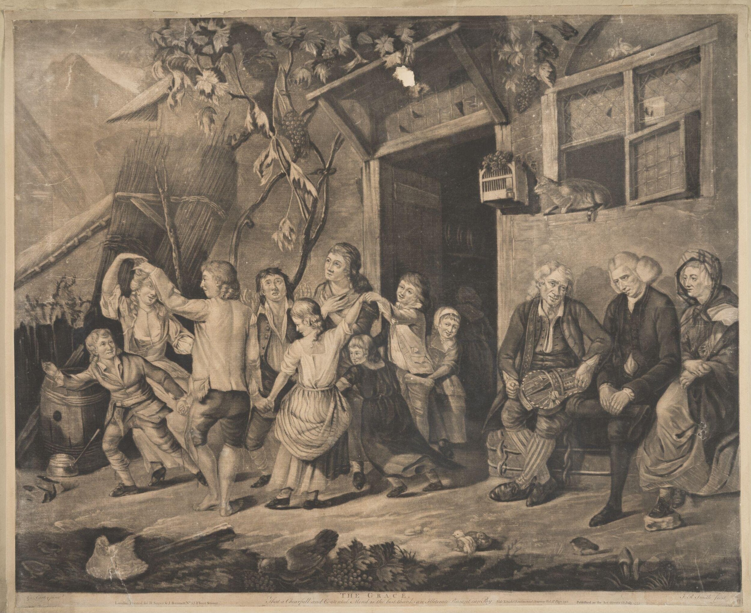 Engraving of a young woman in white dress standing composed in a cottage interior, surrounded by family members and scattered fruit.
