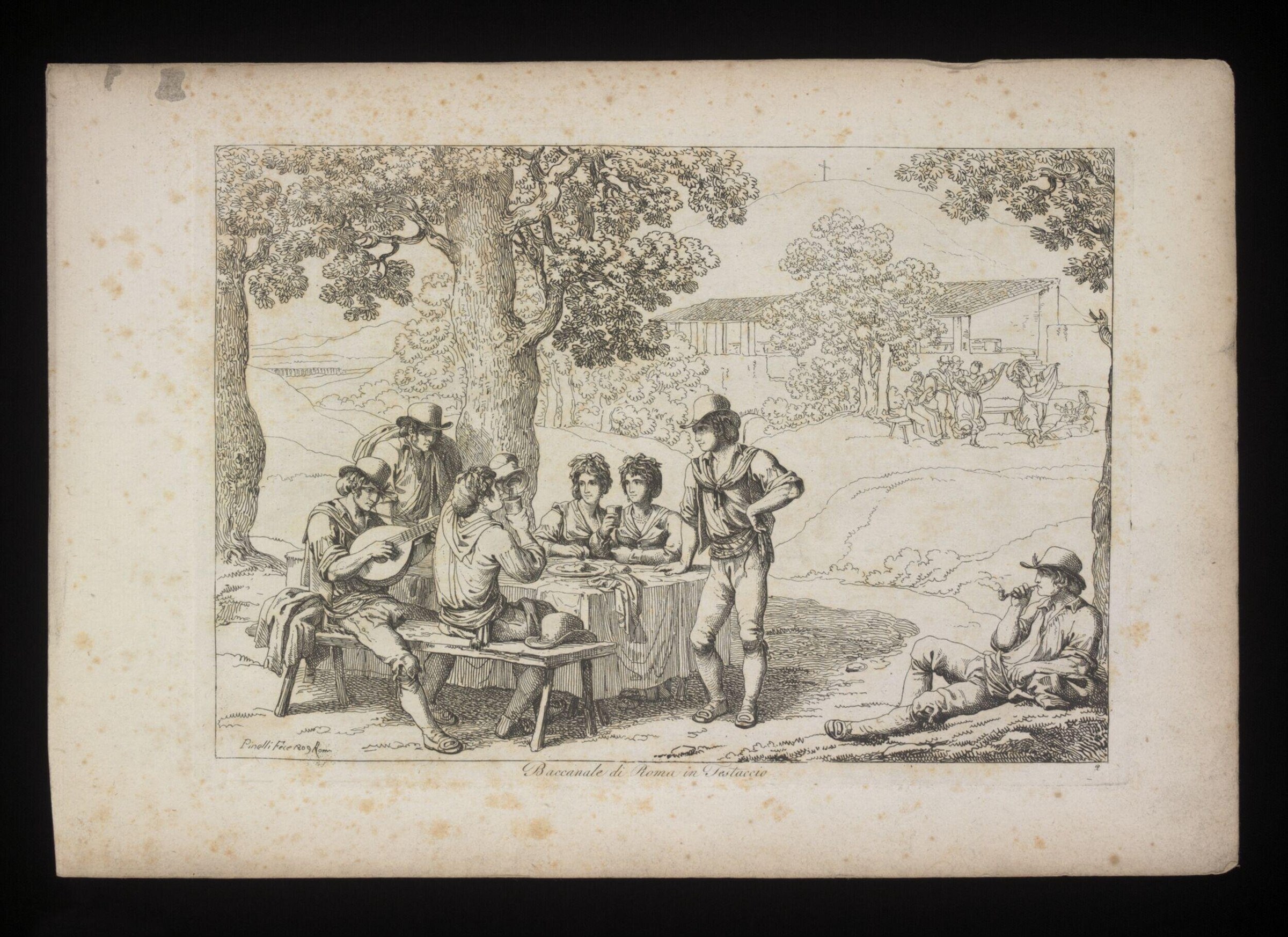 Engraving showing eight figures gathered around a table beneath a large oak tree, making music and feasting in a rural setting.