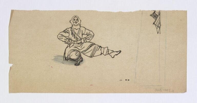 Pen sketch of a bearded man in tunic and baggy trousers, reclining against a round object, wearing a tall hat.