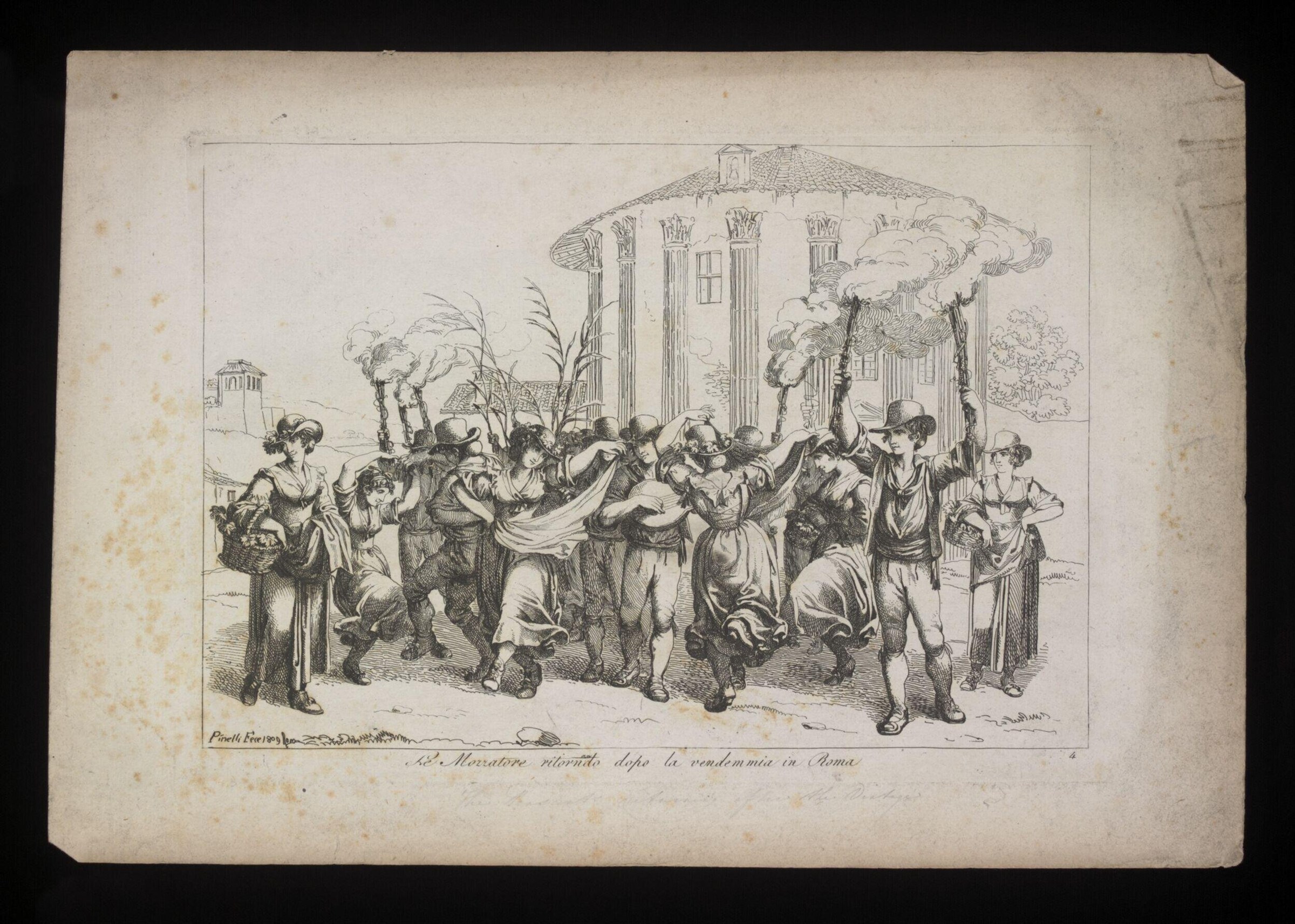 A crowd of animated peasants gathers in a classical Roman temple setting, raising their arms in celebratory gestures during a harvest festival.