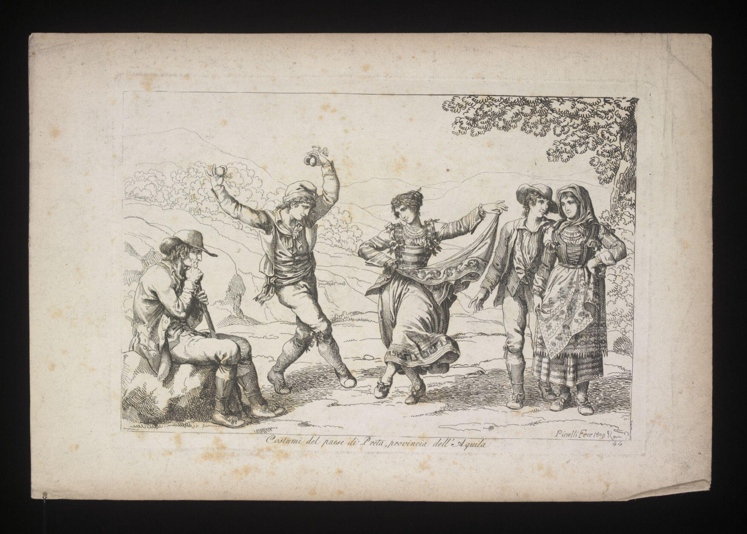 Line engraving: villagers in a mountain clearing, one man dancing with raised arms and bent knees, others watching or waiting, in 19th-century rural dress.