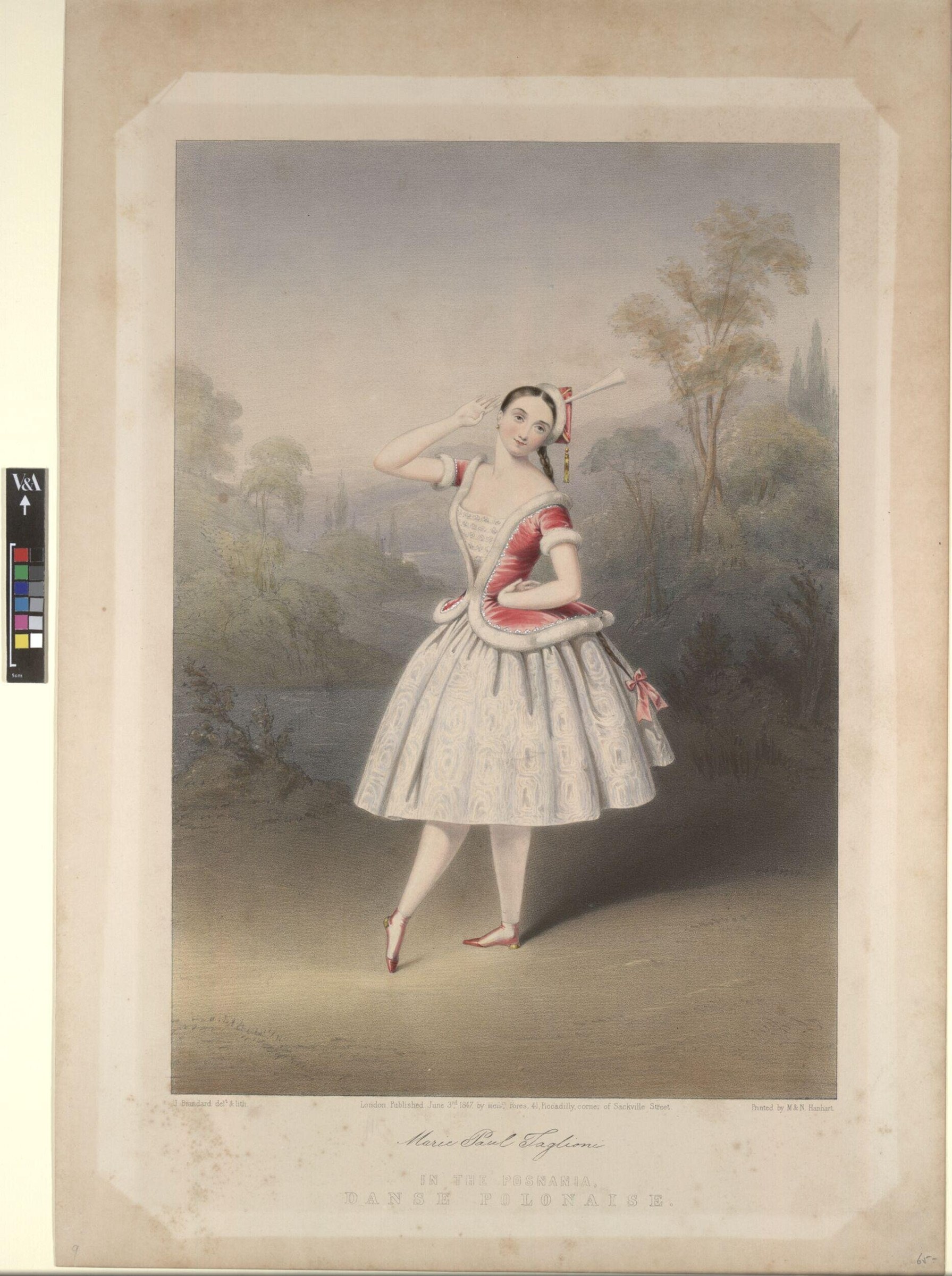 A young woman in a pale tulle ballet skirt and red bodice stands with one leg raised in attitude, arm curved to her head, in a misty landscape.