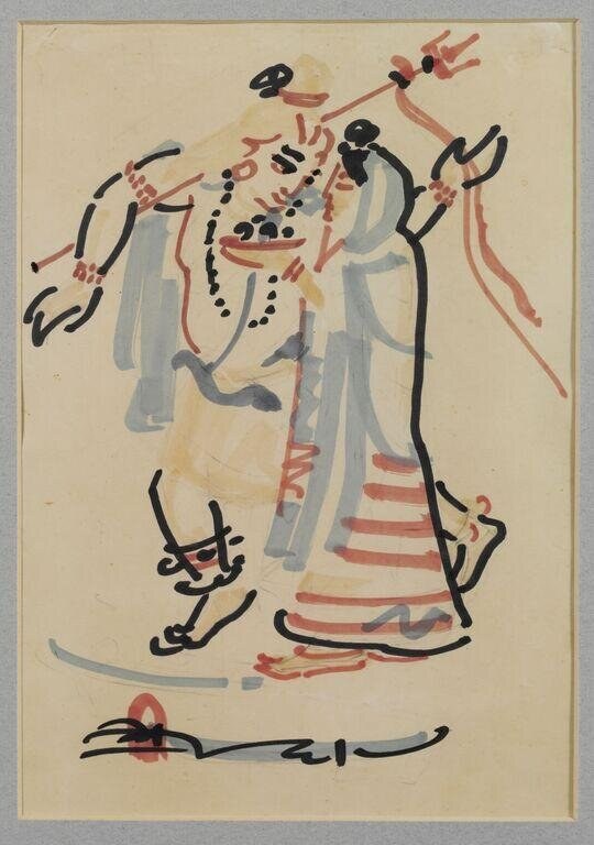 Two expressionistically rendered figures in draped garments, arms raised in dynamic gesture, with two floating heads above and red ribbons streaming upward.