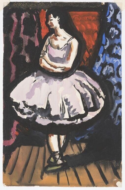 A solitary ballerina in lavender tutu and tights stands with lowered gaze against a dark background, rendered in soft watercolor.