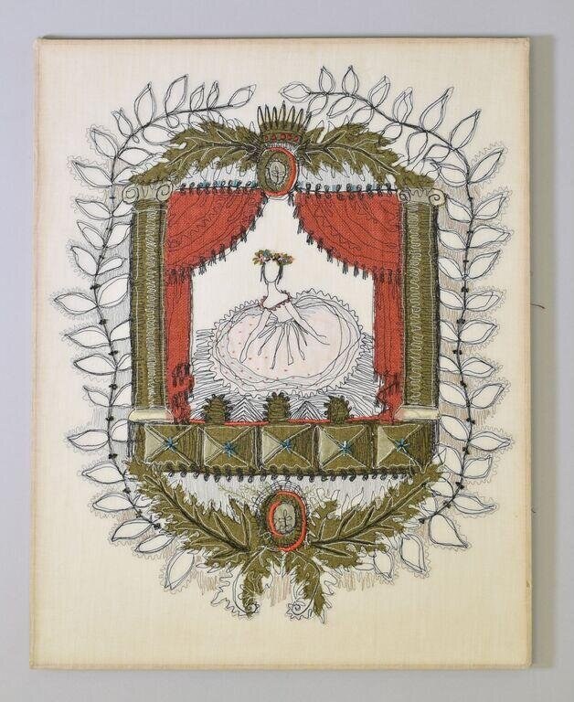 A ballerina in a full pale tutu stands center stage within an ornate red and gold proscenium, framed by a delicate border of drawn botanical forms.