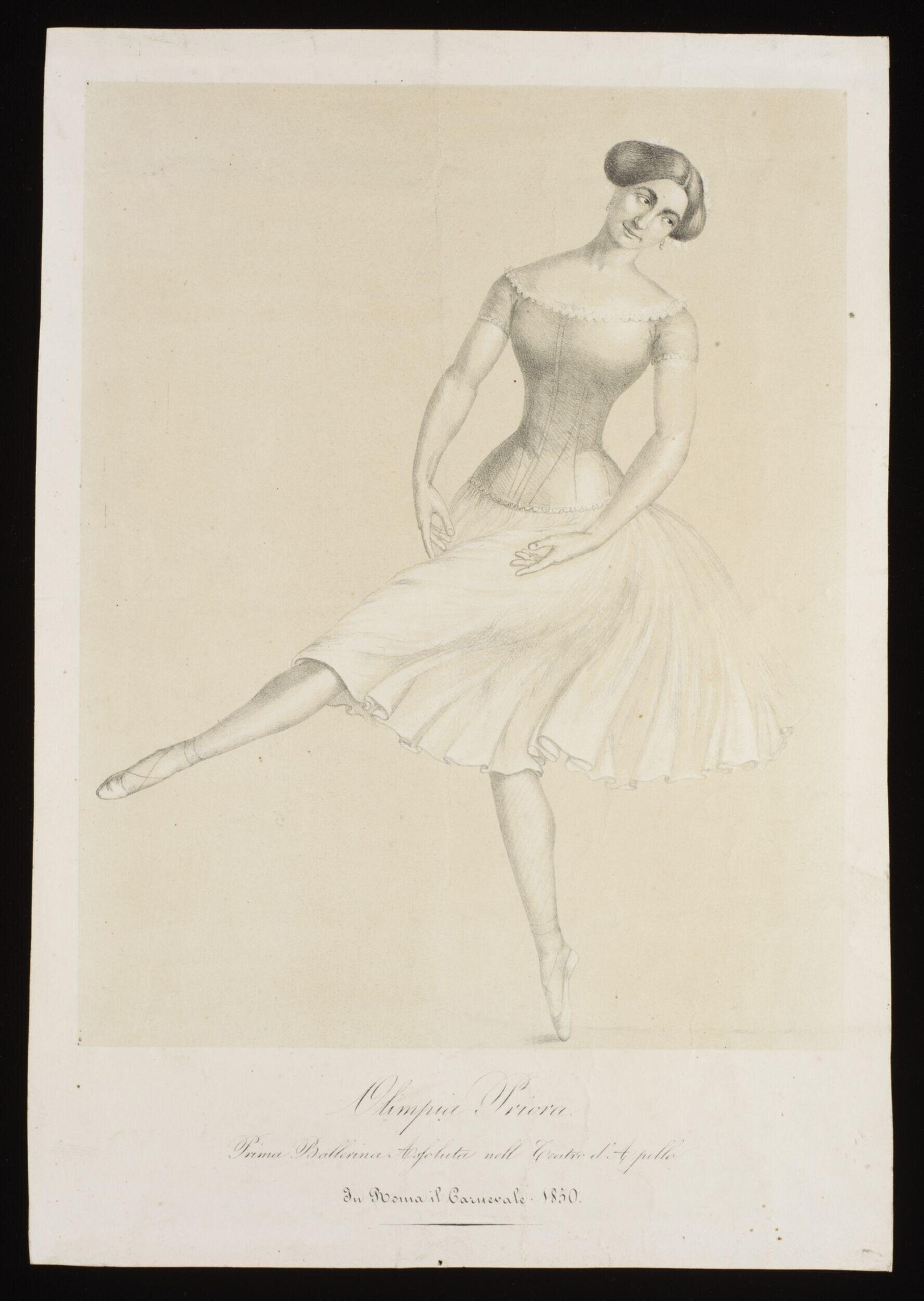 A female ballet dancer in an arabesque pose, poised on one pointed toe, wearing a corset and tulle skirt, rendered in fine graphite lines
