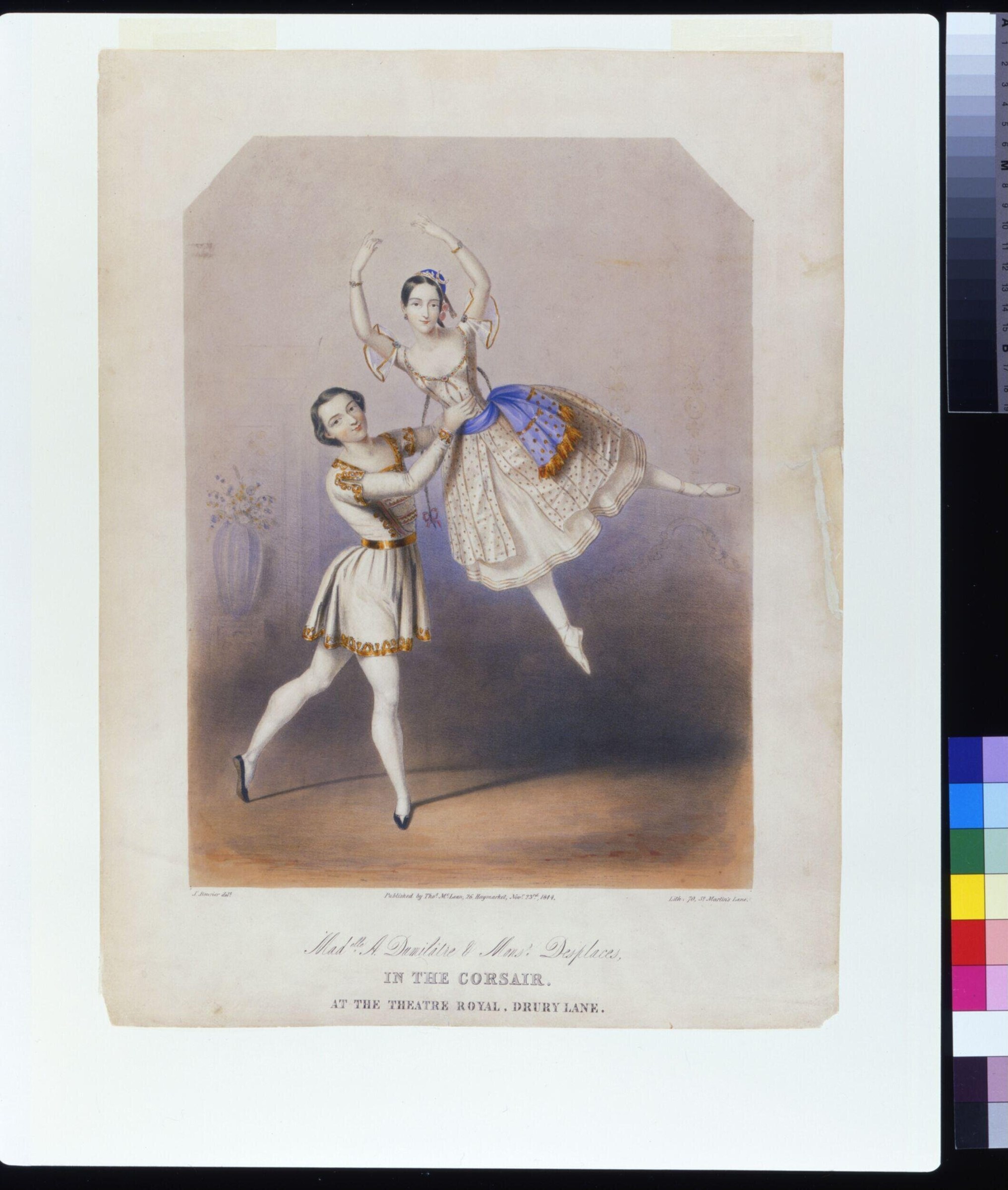 Ballerina in white tutu and blue cape, elevated on one leg, attended by a young boy in gold tunic gazing upward.