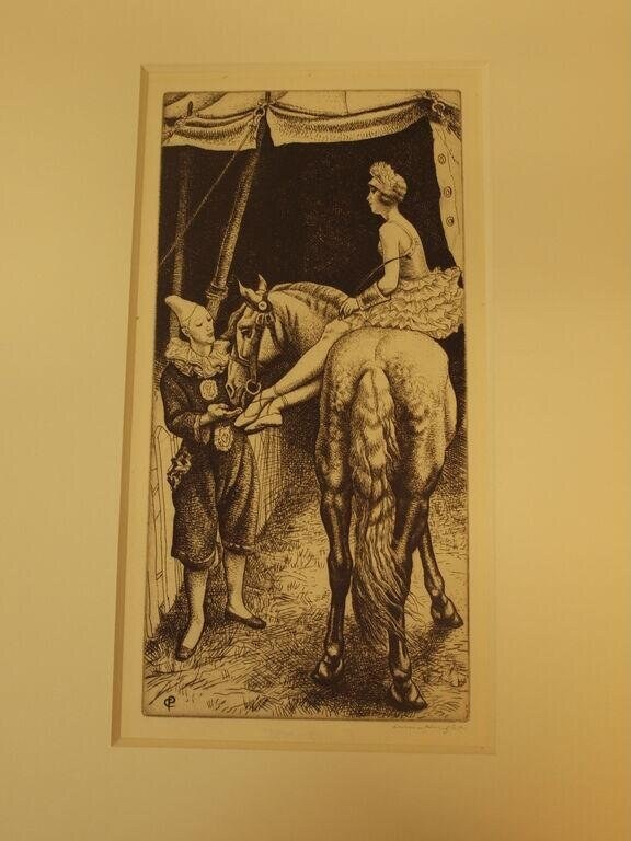 A woman in a light costume and headdress poses upright on a horse in a circus ring, attended by a man in darker clothes, framed by theatrical curtains.