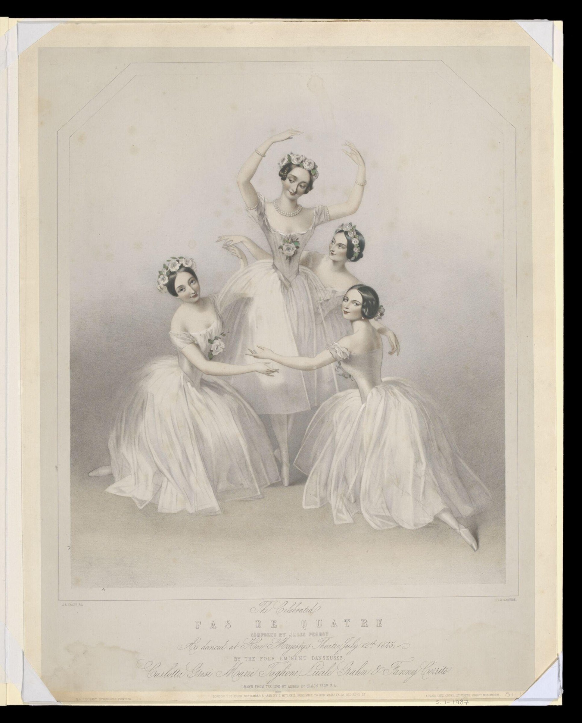 Four female ballet dancers in white tutus arranged in a pyramid, the central figure with arms raised, set against a soft gray atmospheric background.