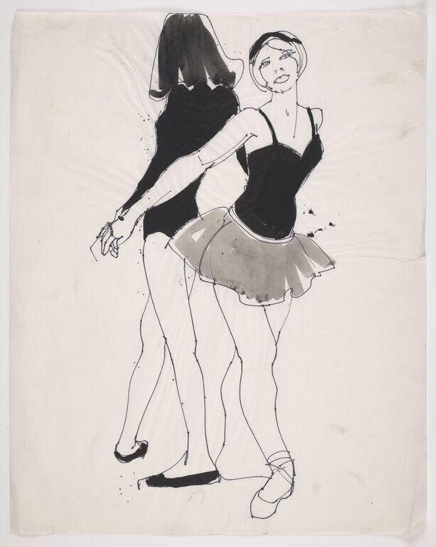 Pen and ink drawing of a female ballet dancer shown in frontal and rear views, wearing black leotard and pale tutu, with long legs and pointe shoes.