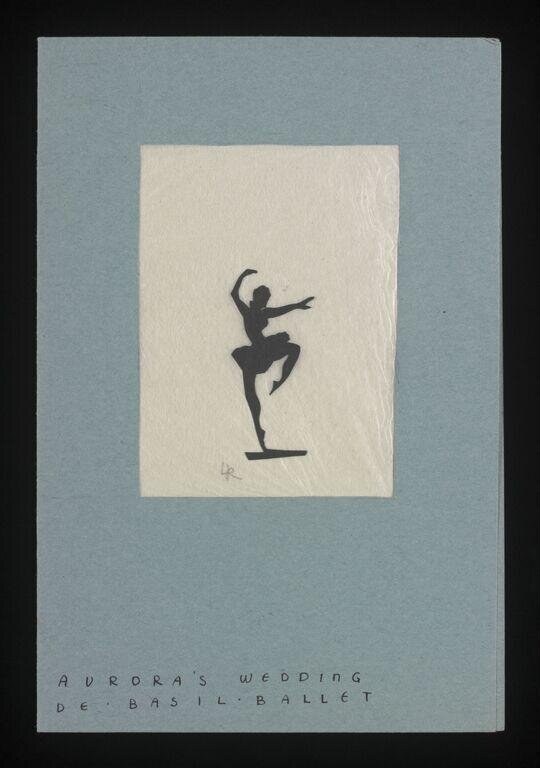 Silhouette of a female ballet dancer in mid-leap, one leg extended and bent, arms curved overhead, against a cream panel on blue-gray backing.