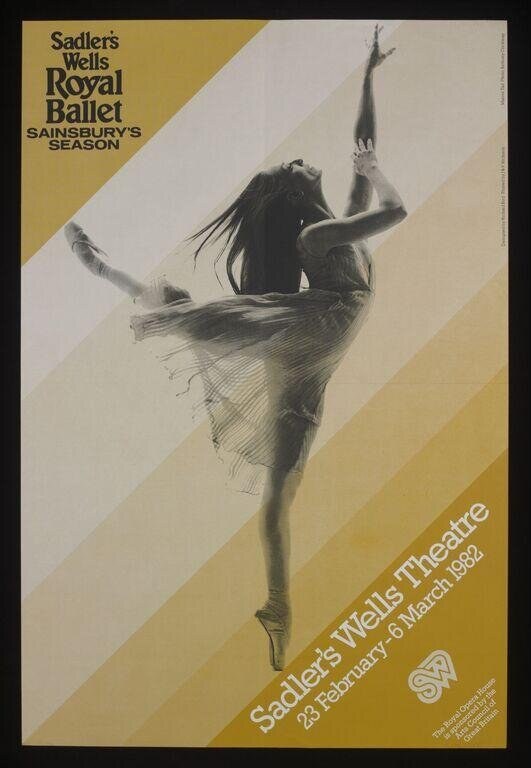 A sketchy charcoal figure of a female ballet dancer in mid-leap, head thrown back, arms raised, against diagonal gold and cream stripes with text advertising