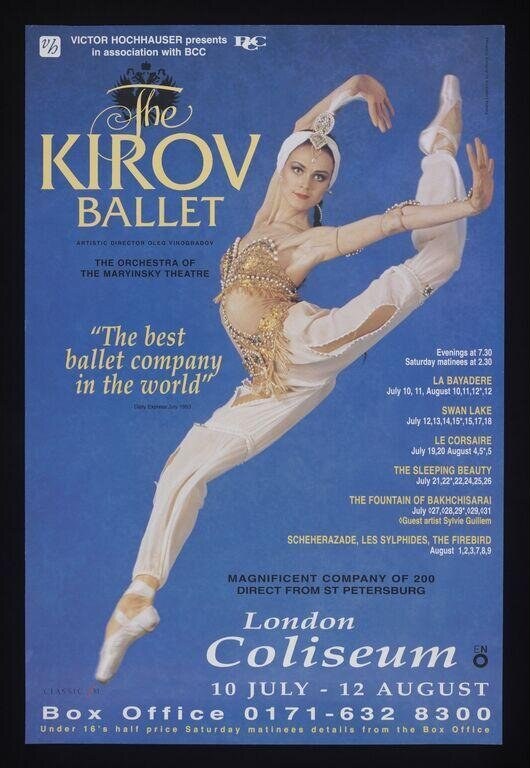 A ballerina in a gold beaded costume and tiara stands in a classical arabesque against a deep blue background on a theatre poster.