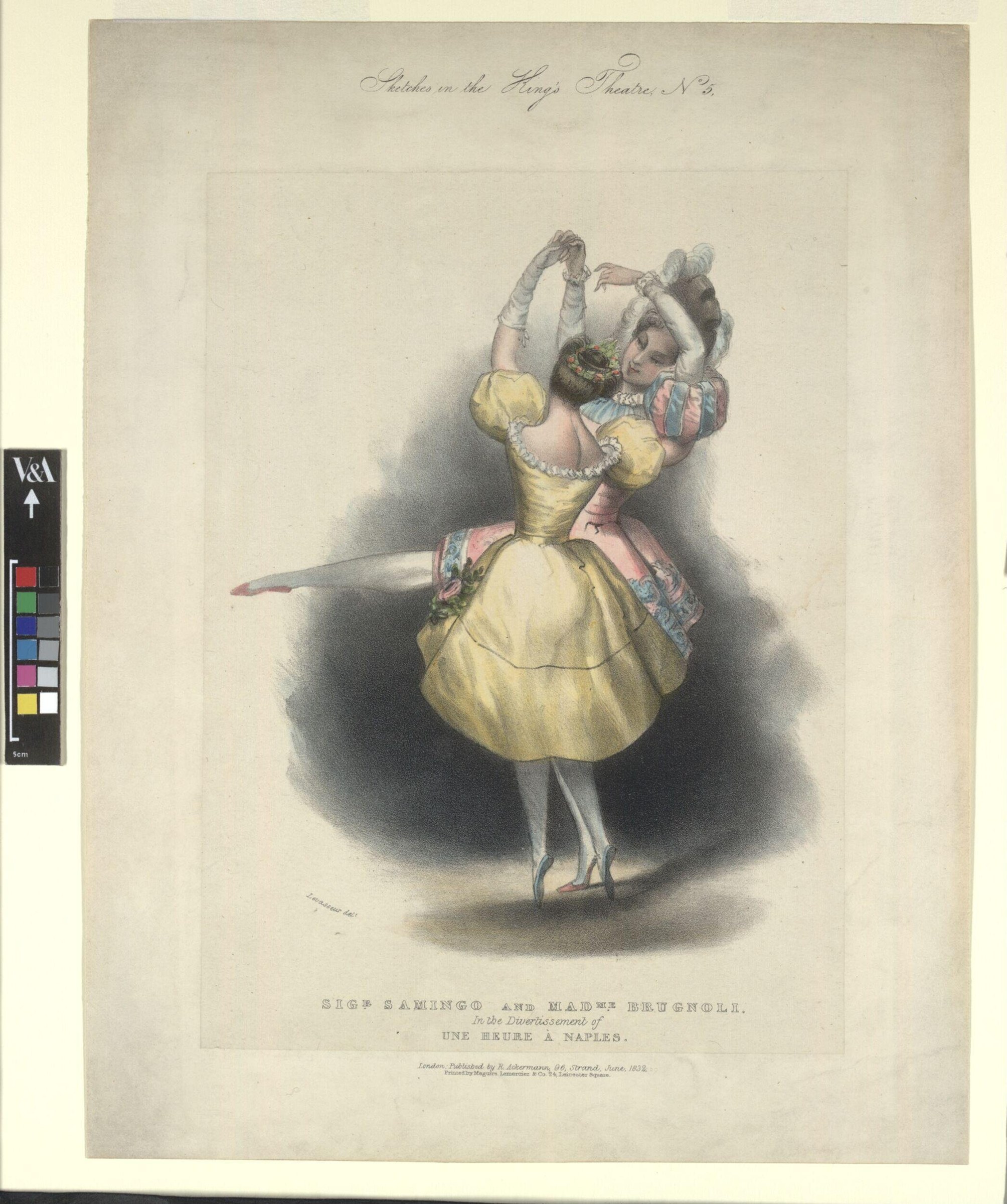 Female dancer in pale yellow Romantic-era dress, arms raised, right leg extended in arabesque, hand-coloured engraving.